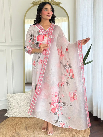 Women's Beautiful Rayon Fabric Printed Work Flared Kurta Pant and Dupatta Set 766