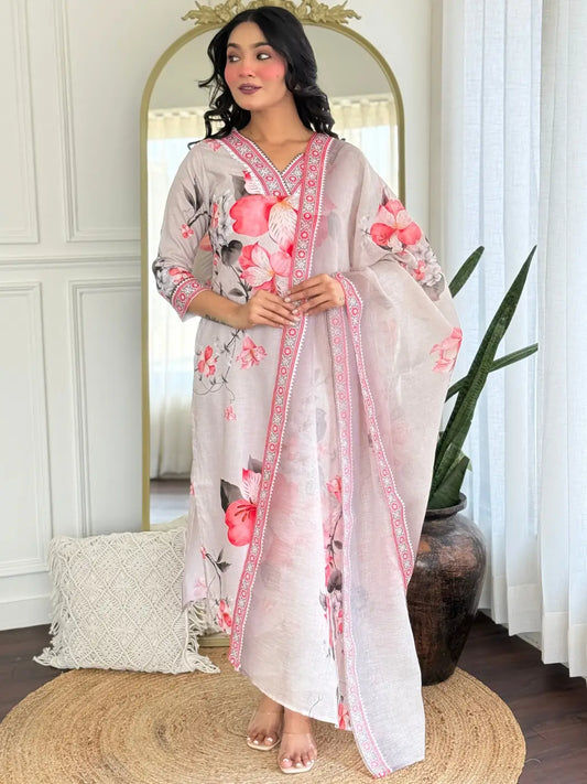 Women's Beautiful Rayon Fabric Printed Work Flared Kurta Pant and Dupatta Set 766