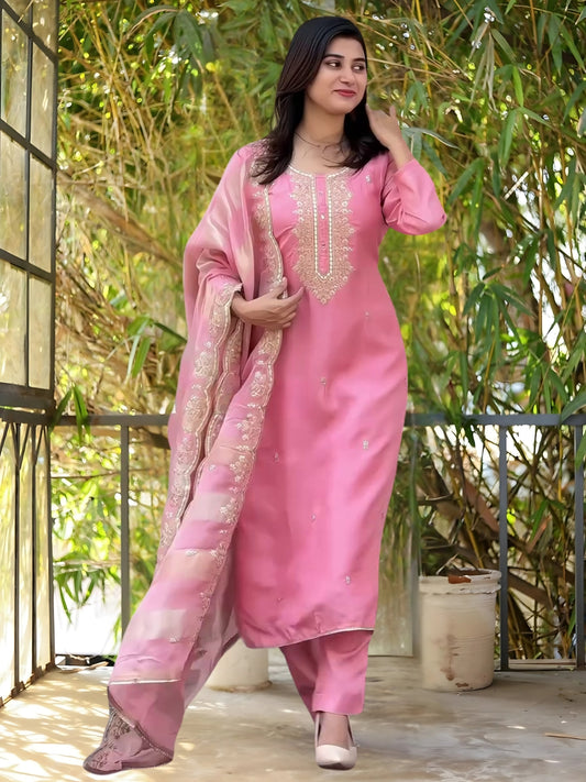 Women's Gorgeous Cotton Blend Embroidery Straight Kurta with Pant And Dupatta Set 768