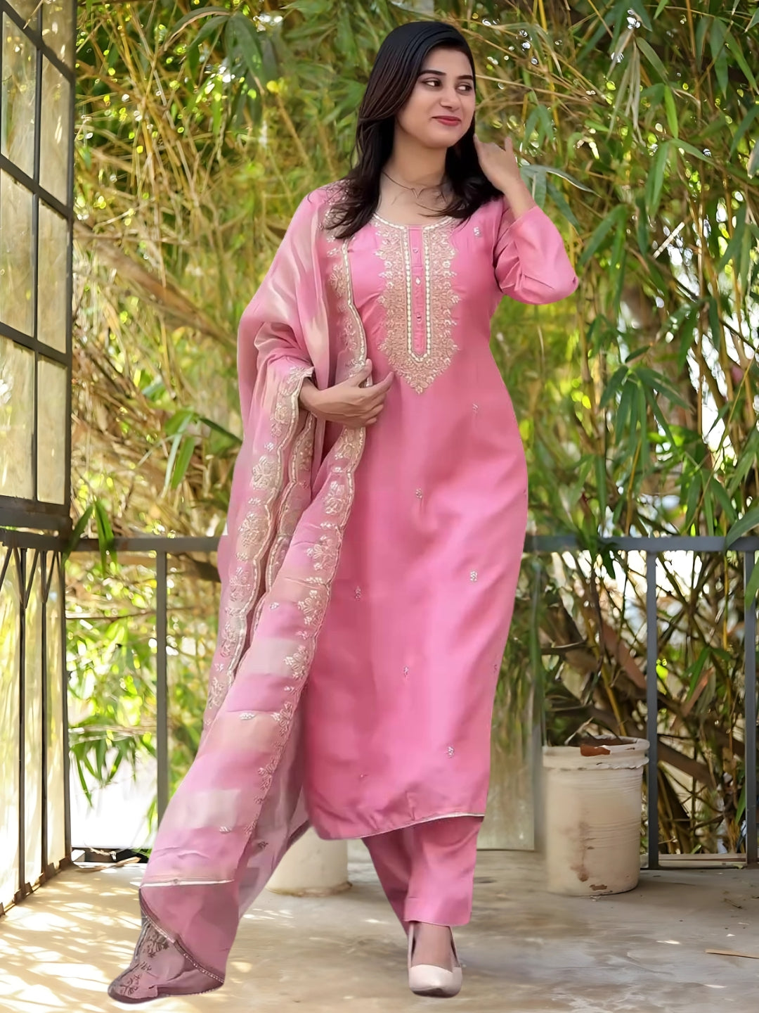 Women's Gorgeous Cotton Blend Embroidery Straight Kurta with Pant And Dupatta Set
