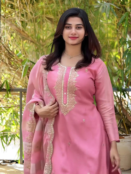 Women's Gorgeous Cotton Blend Embroidery Straight Kurta with Pant And Dupatta Set 768