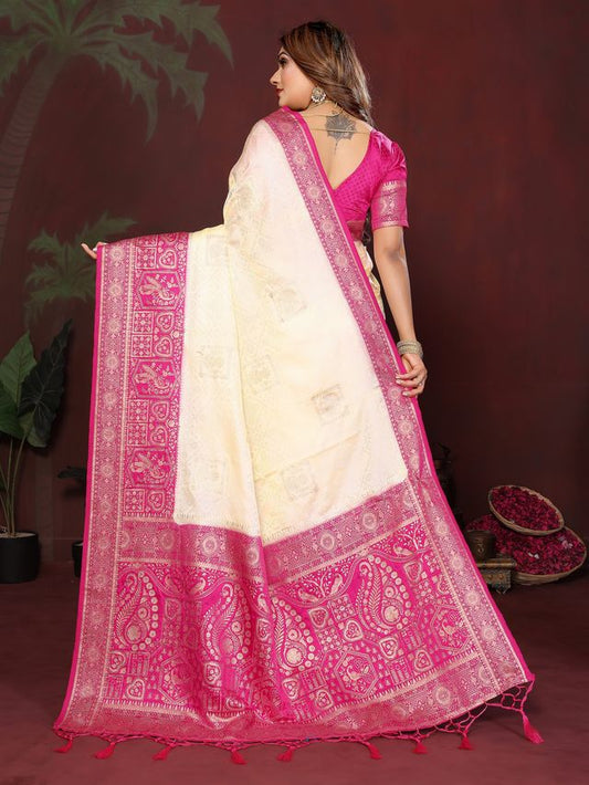 Cream Color Satin Silk Fabric Woven Jari Designer Graceful Partywear Saree