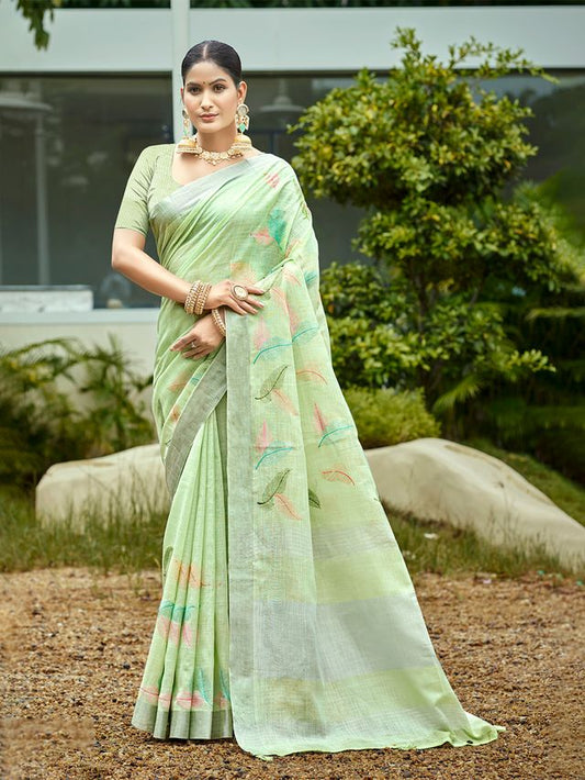 Pista Color Beautiful Rich Looks Designer Linen Fabric Ceremonial Saree