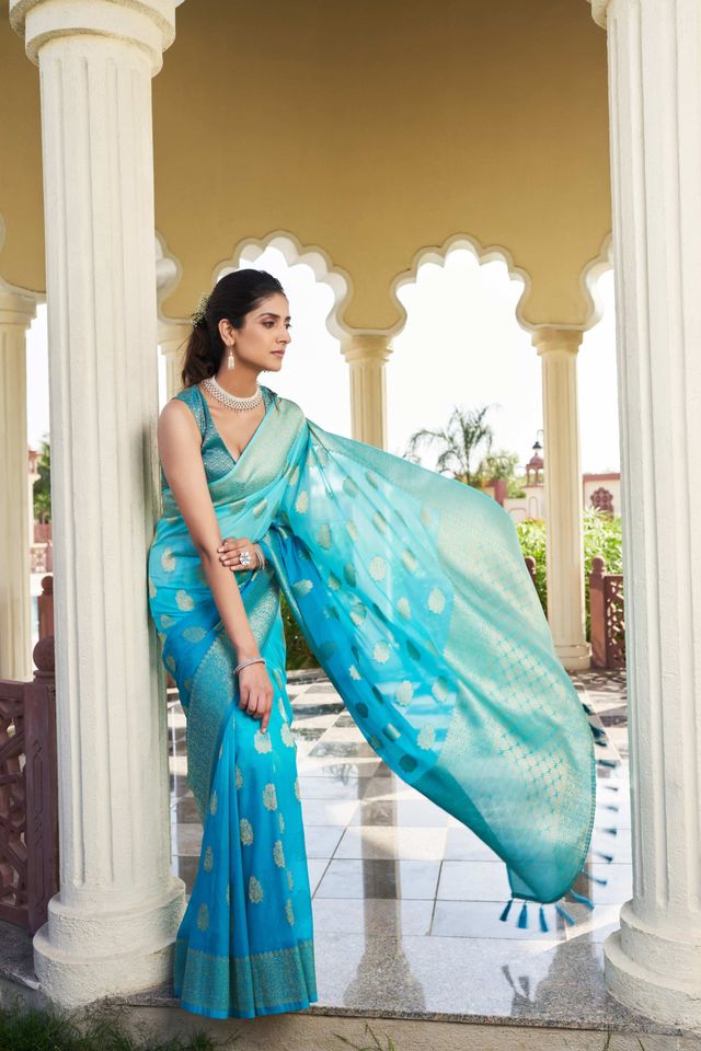 Firozi Color Georgette Fabric Heavy Wevon Designer Work Graceful Saree