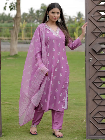 Women's Gorgeous Rayon Fabric Printed Work Straight Kurta Pant and Dupatta Set