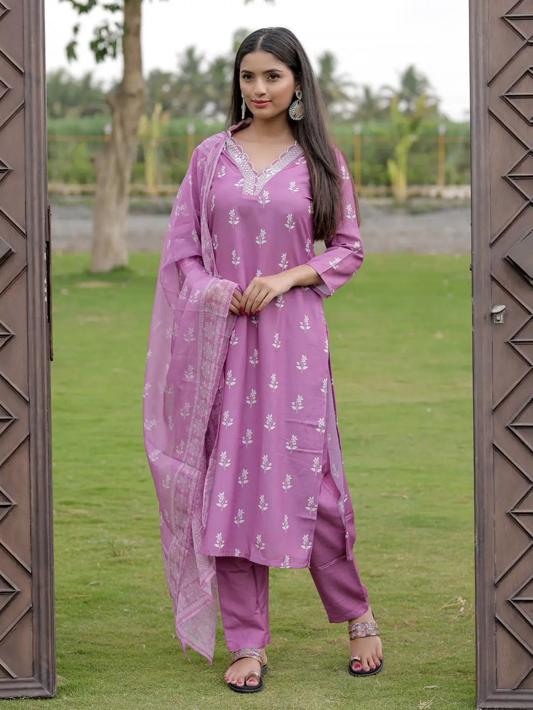 Women's Gorgeous Rayon Fabric Printed Work Straight Kurta Pant and Dupatta Set