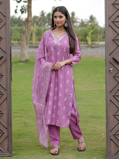 Women's Gorgeous Rayon Fabric Printed Work Straight Kurta Pant and Dupatta Set