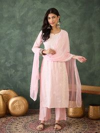 Women Gorgeous Cotton Blend Fabric Thread Work Straight Kurta, Pant and Dupatta Set