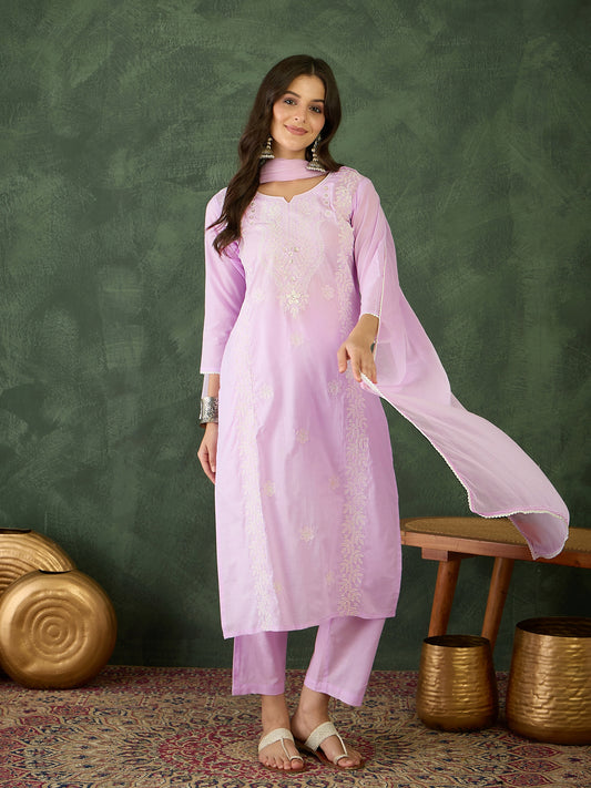 Women Gorgeous Cotton Blend Fabric Thread Work Straight Kurta, Pant and Dupatta Set