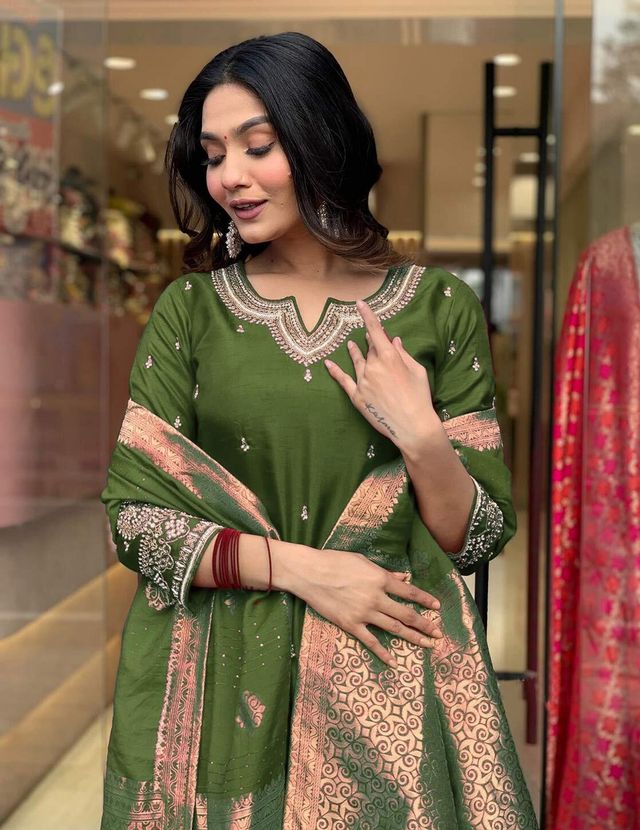Mahendi Color Designer Embroidered Ethnic Partywear Suit