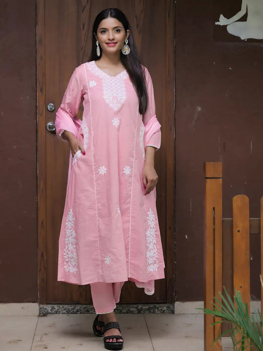 Women's Beautiful Thread Work Cotton satin Fabric Flared Kurta Pant and Dupatta Set