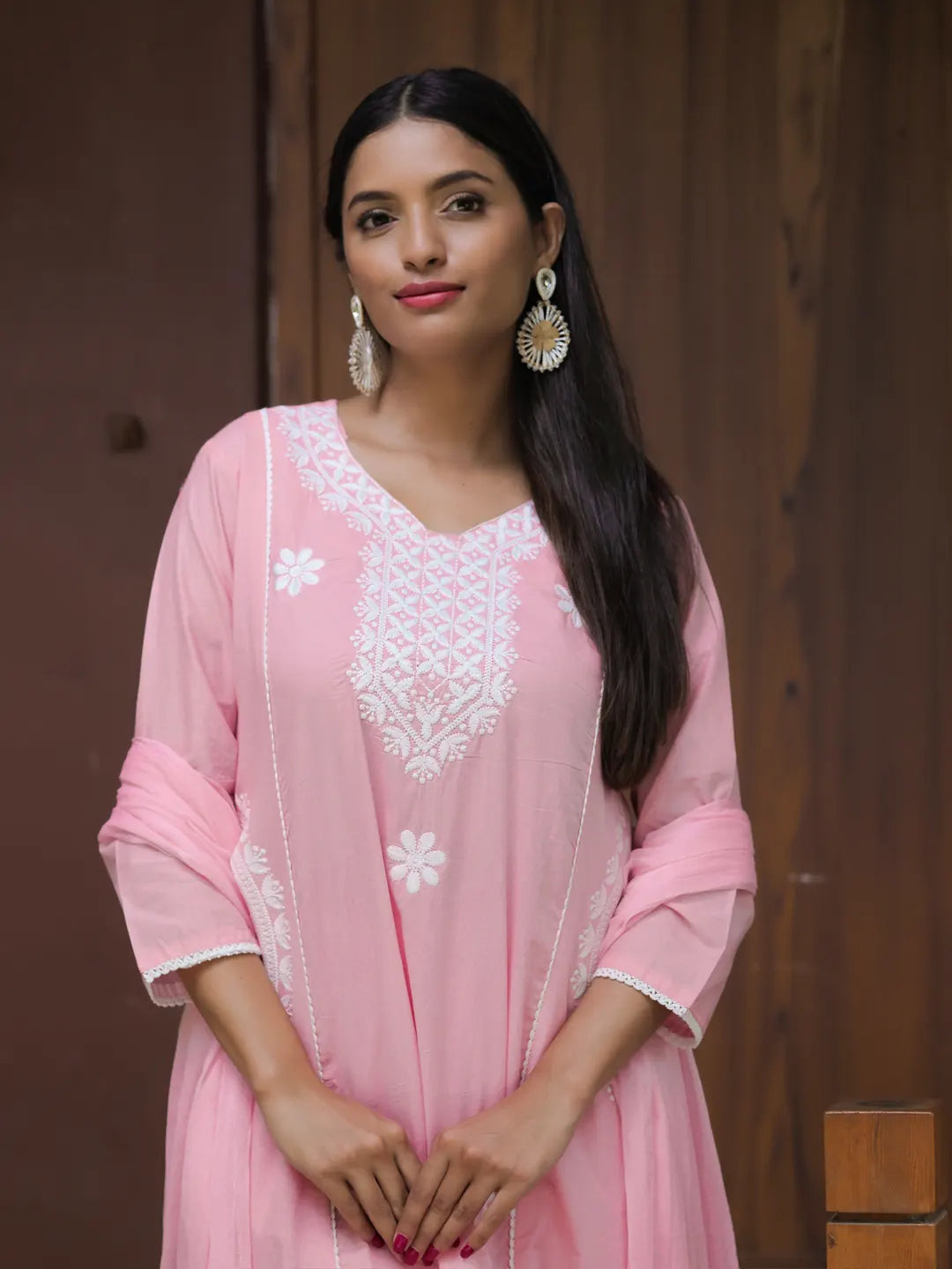 Women's Beautiful Thread Work Cotton satin Fabric Flared Kurta Pant and Dupatta Set