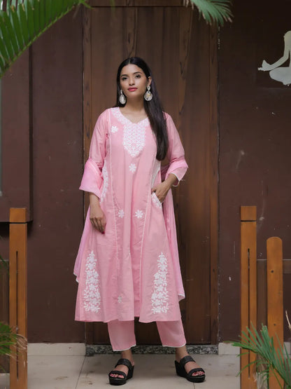 Women's Beautiful Thread Work Cotton satin Fabric Flared Kurta Pant and Dupatta Set