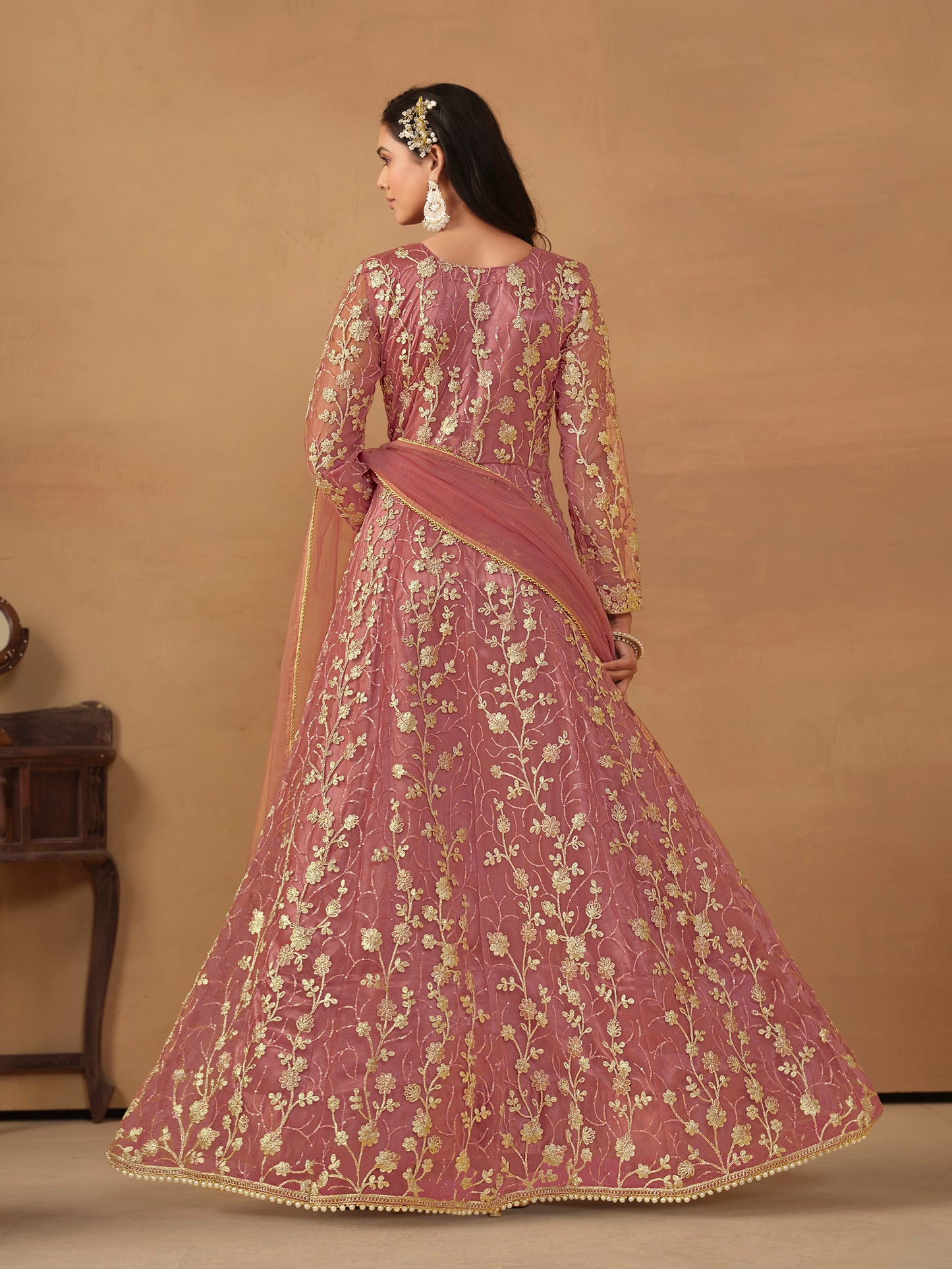 Pink Embroidered Butterfly Net Semi Stitched Anarkali Suit