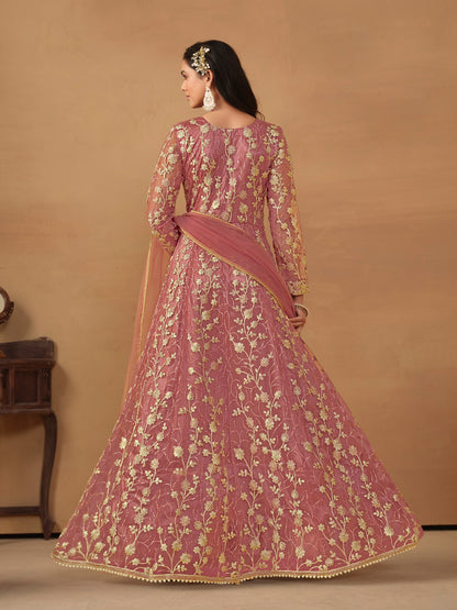 Pink Embroidered Butterfly Net Semi Stitched Anarkali Suit