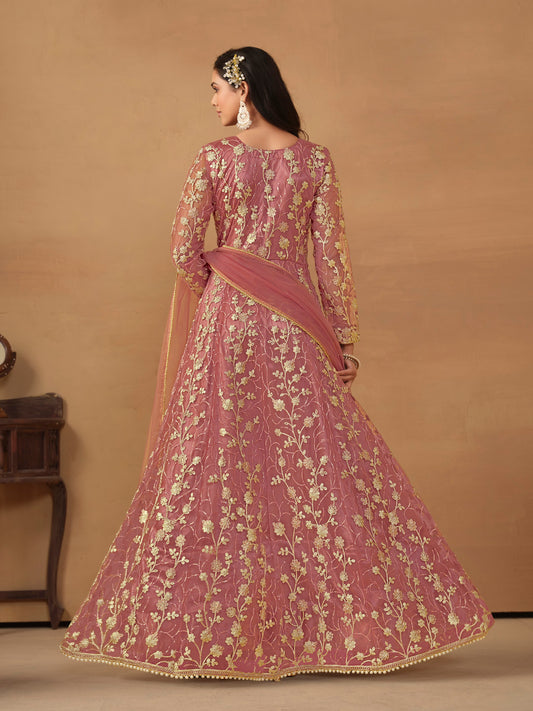 Pink Embroidered Butterfly Net Semi Stitched Anarkali Suit