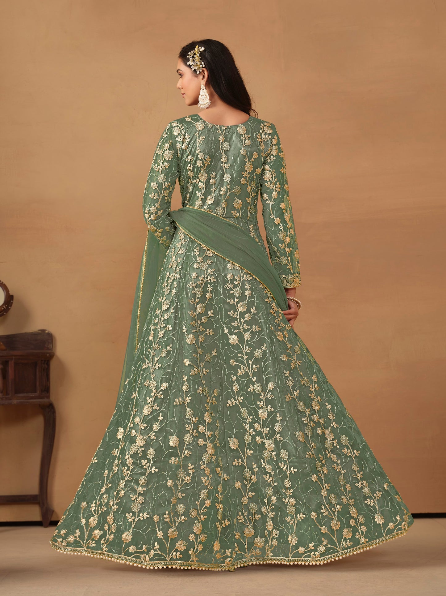 Light Green Embroidered Butterfly Net Semi Stitched Anarkali Suit