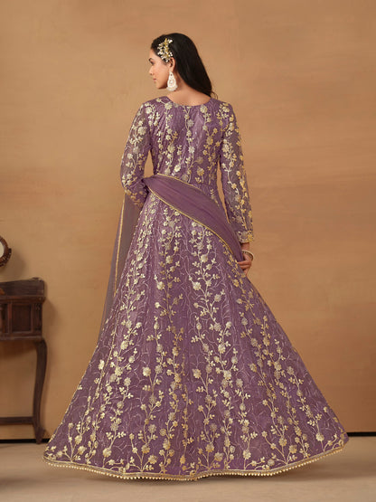 Purple Embroidered Butterfly Net Semi Stitched Anarkali Suit