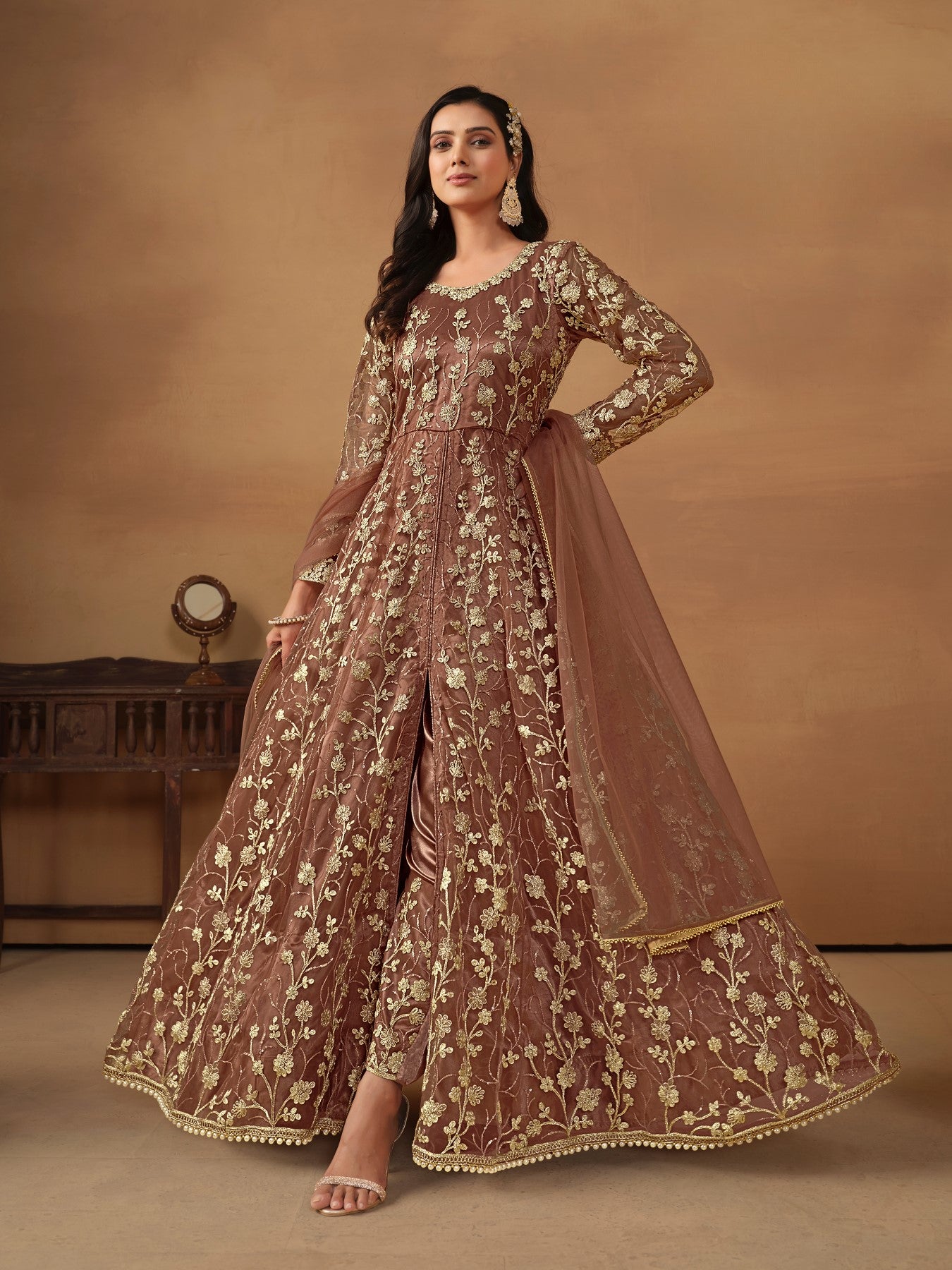 Brown Embroidered Net Semi Stitched Anarkali Suit