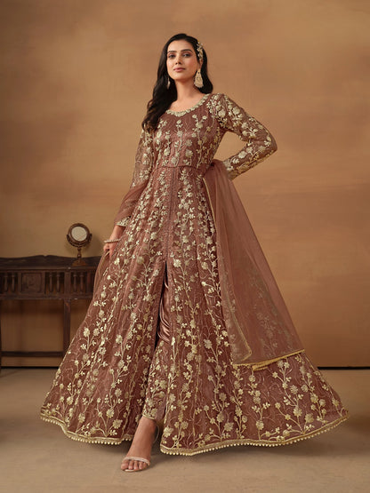 Brown Embroidered Net Semi Stitched Anarkali Suit