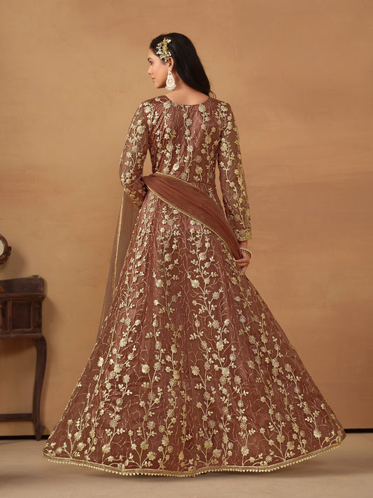 Brown Embroidered Net Semi Stitched Anarkali Suit