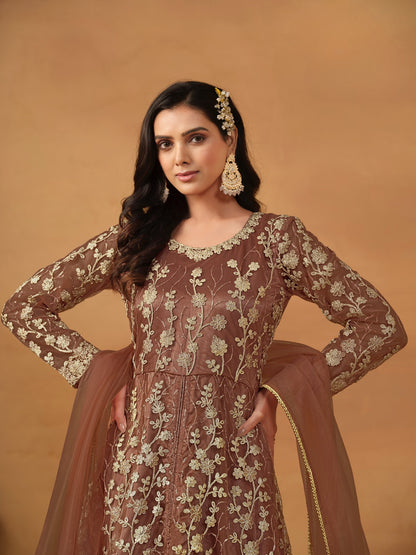 Brown Embroidered Net Semi Stitched Anarkali Suit