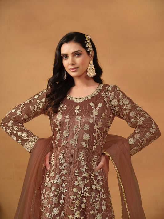Brown Embroidered Net Semi Stitched Anarkali Suit