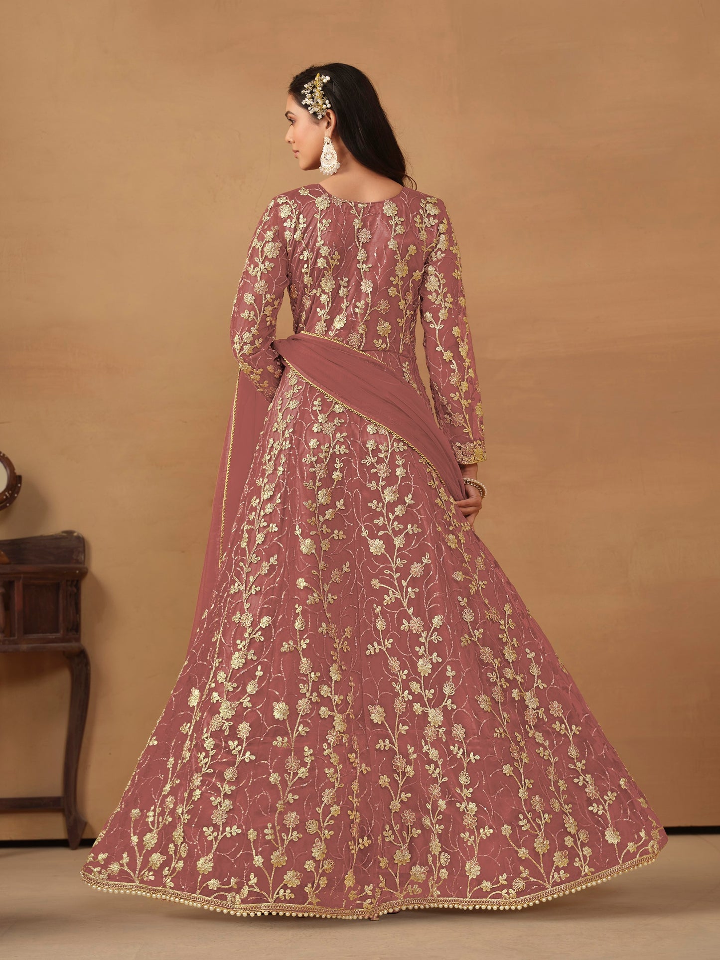 Peach Embroidered Butterfly Net Semi Stitched Anarkali Suit
