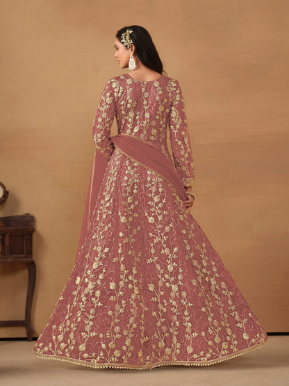 Peach Embroidered Butterfly Net Semi Stitched Anarkali Suit