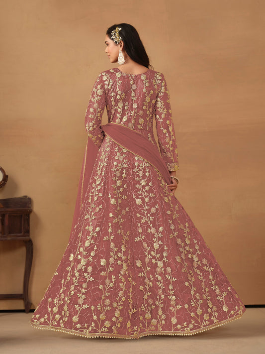 Peach Embroidered Butterfly Net Semi Stitched Anarkali Suit