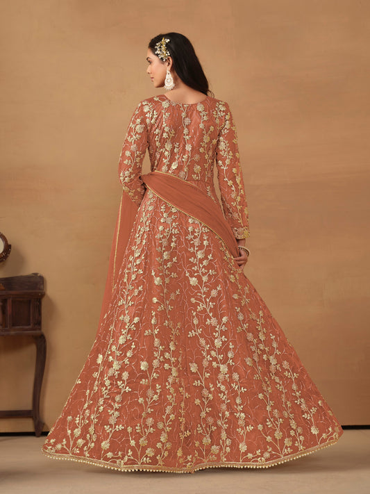 Orange Embroidered Butterfly Net Semi Stitched Anarkali Suit