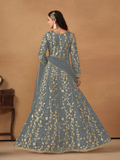 Grey Embroidered Butterfly Net Semi Stitched Anarkali Suit