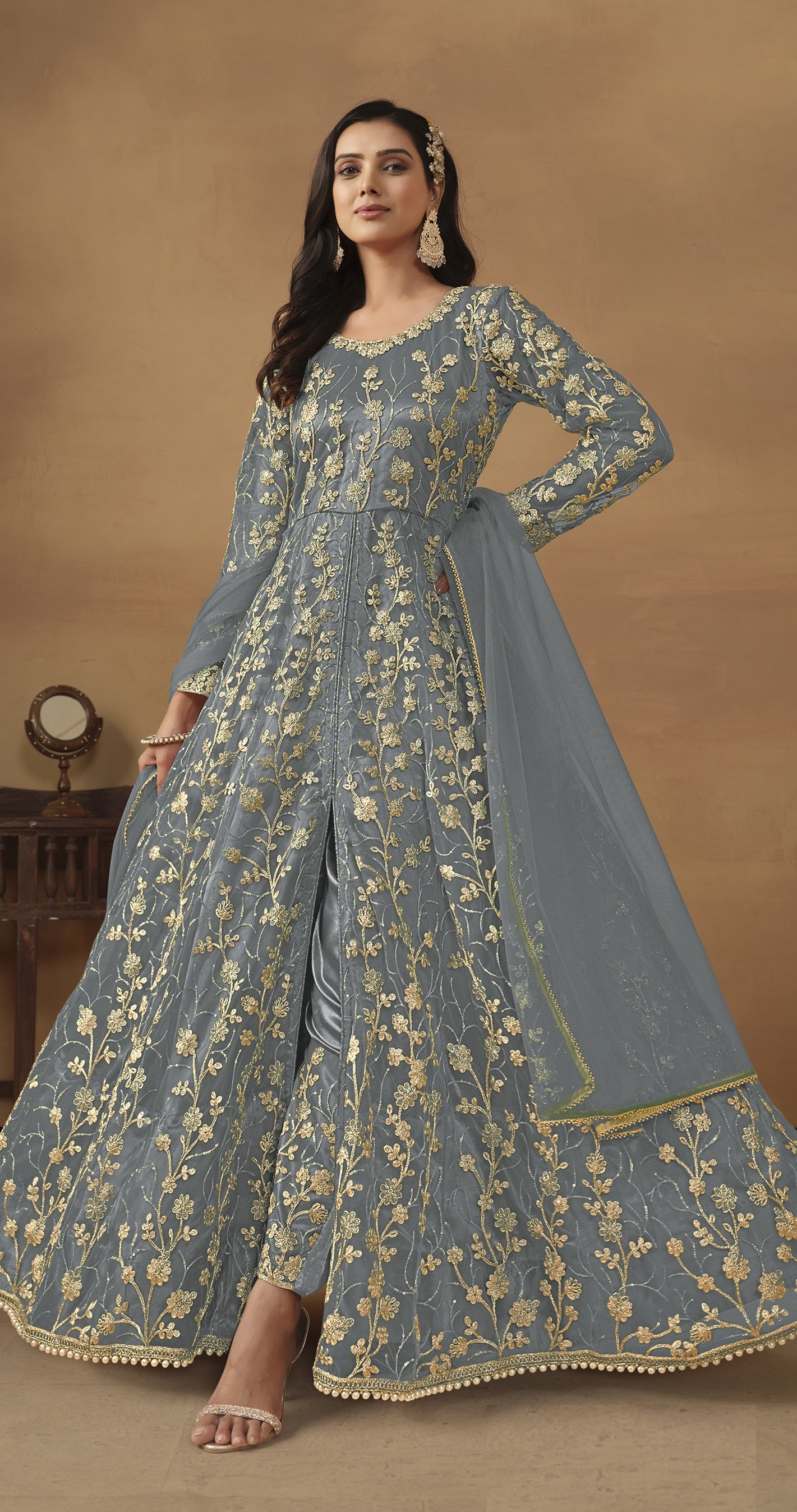 Grey Embroidered Butterfly Net Semi Stitched Anarkali Suit
