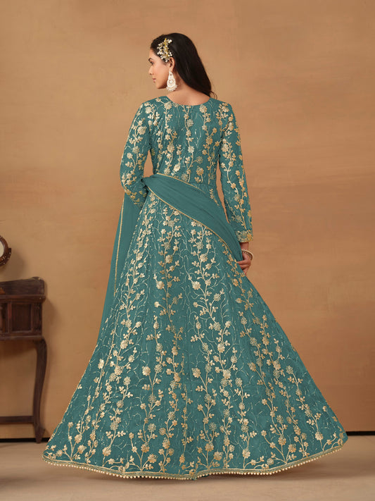 Sky Blue Embroidered Butterfly Net Semi Stitched Anarkali Suit