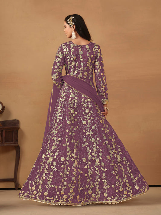 Lavender Embroidered Butterfly Net Semi Stitched Anarkali Suit