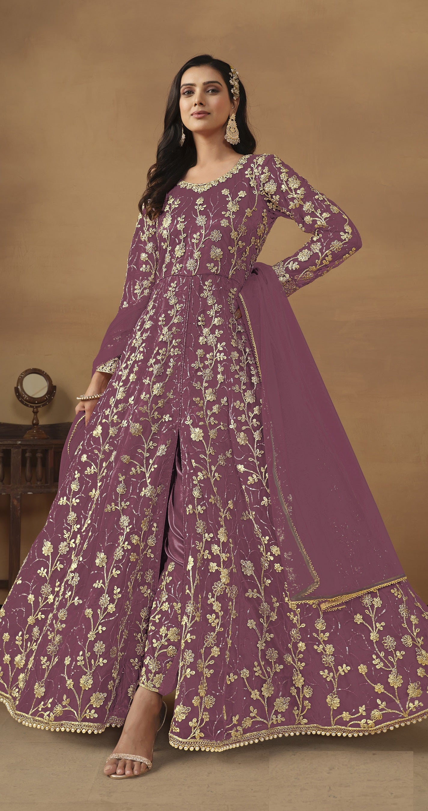 Lavender Embroidered Butterfly Net Semi Stitched Anarkali Suit