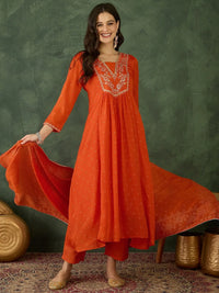 Women's Gorgeous Embroidery Chinon Fabric Flared Kurta Pant and Dupatta Set