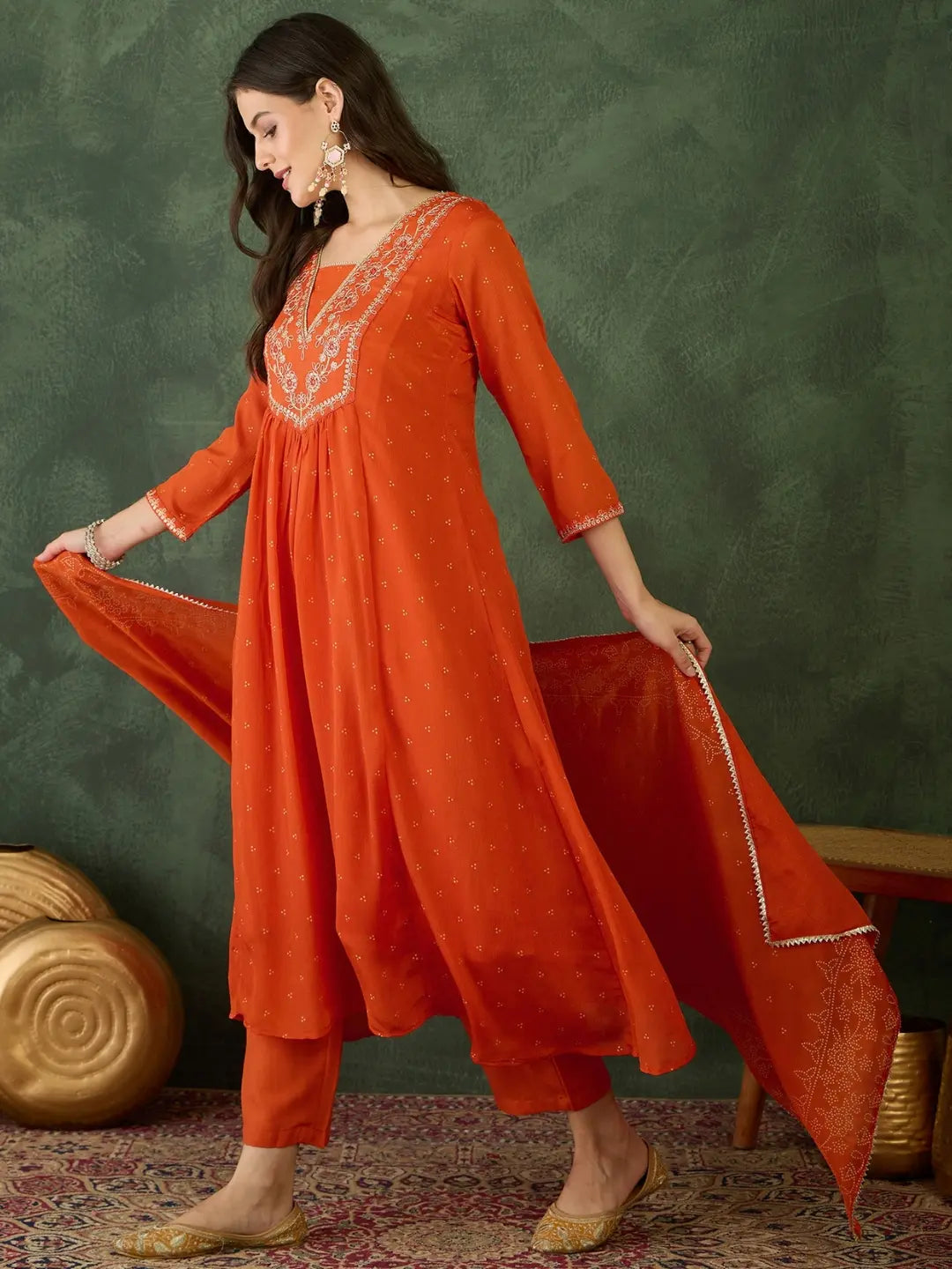 Women's Gorgeous Embroidery Chinon Fabric Flared Kurta Pant and Dupatta Set