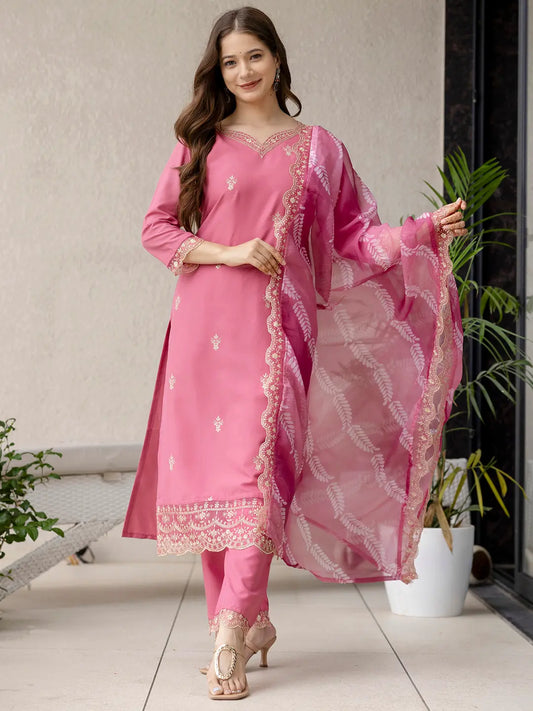 Women's Beautiful Rayon Fabric Embroidery Work Straight Kurta Pant and Dupatta Set 795