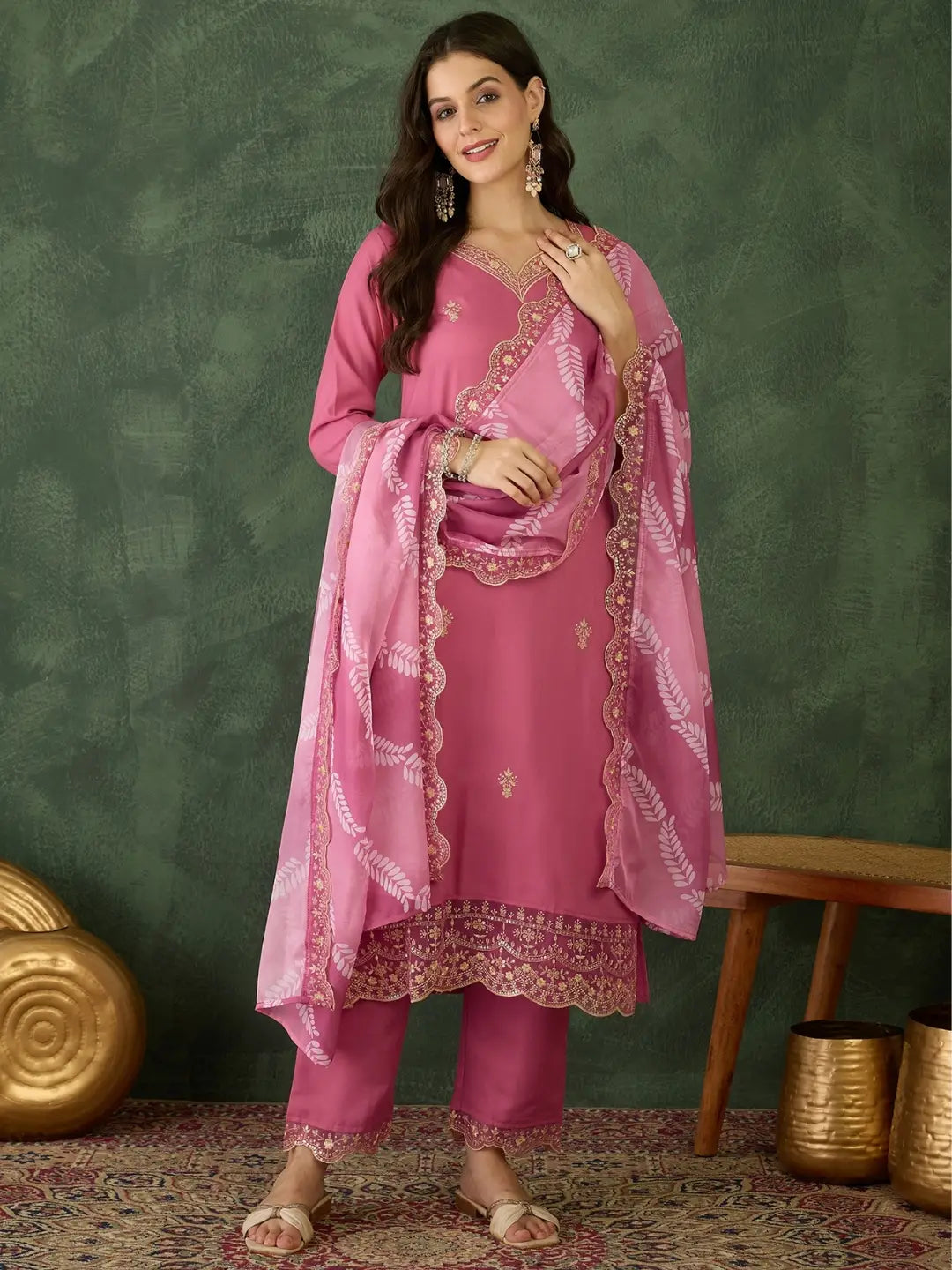 Women's Beautiful Rayon Fabric Embroidery Work Straight Kurta Pant and Dupatta Set 795