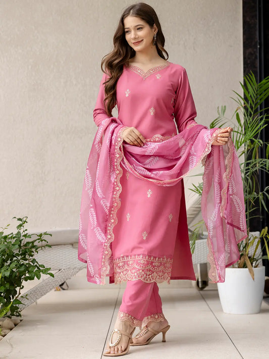 Women's Beautiful Rayon Fabric Embroidery Work Straight Kurta Pant and Dupatta Set 795