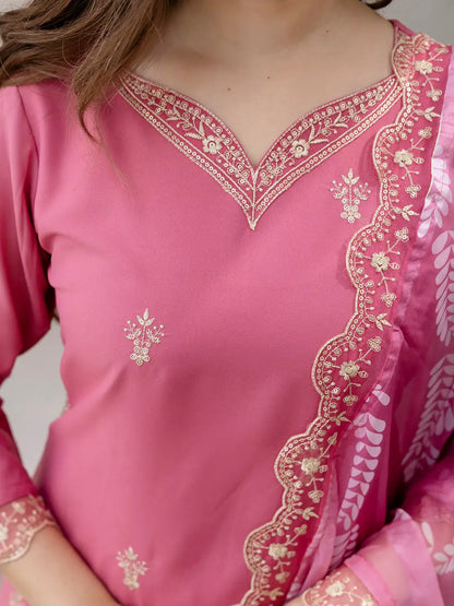 Women's Beautiful Rayon Fabric Embroidery Work Straight Kurta Pant and Dupatta Set 795
