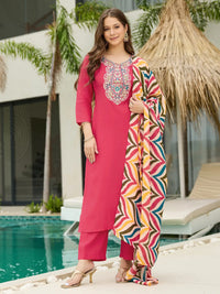 Women's Beautiful Rayon Fabric Embroidery Work Straight Kurta Pant and Dupatta Set 796