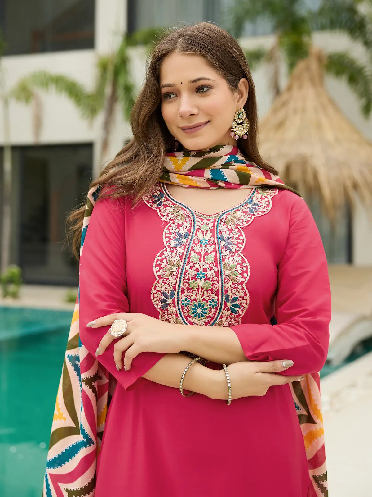 Women's Beautiful Rayon Fabric Embroidery Work Straight Kurta Pant and Dupatta Set 796