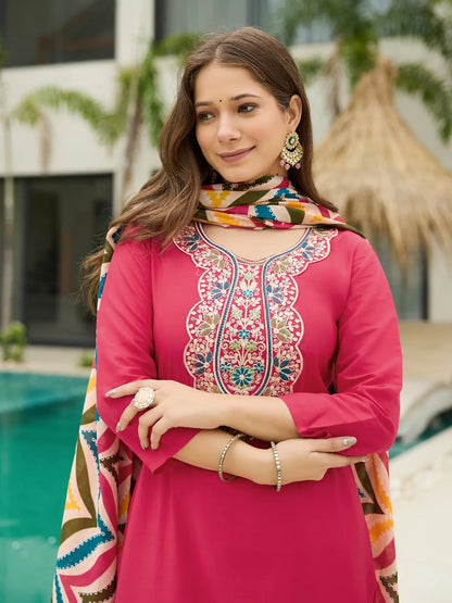 Women's Beautiful Rayon Fabric Embroidery Work Straight Kurta Pant and Dupatta Set 796