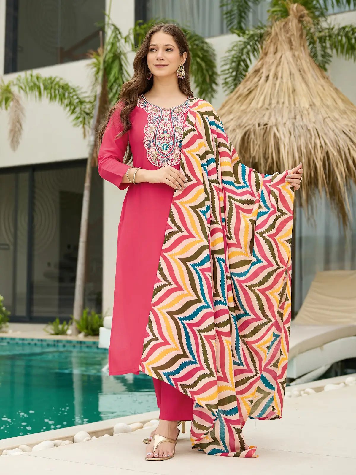 Women's Beautiful Rayon Fabric Embroidery Work Straight Kurta Pant and Dupatta Set 796