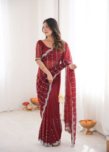 Maroon Color Twill Net Fabric Ethnic And Girlie Ceremonial Saree For Girls