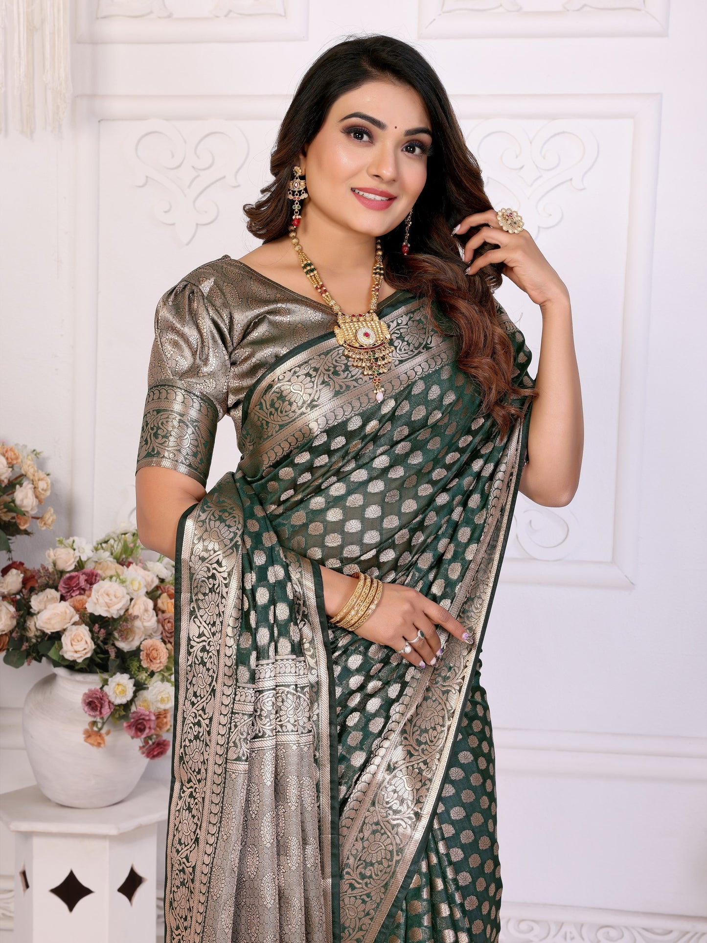 Dark Green Weaving Soft Organza Saree With Blouse