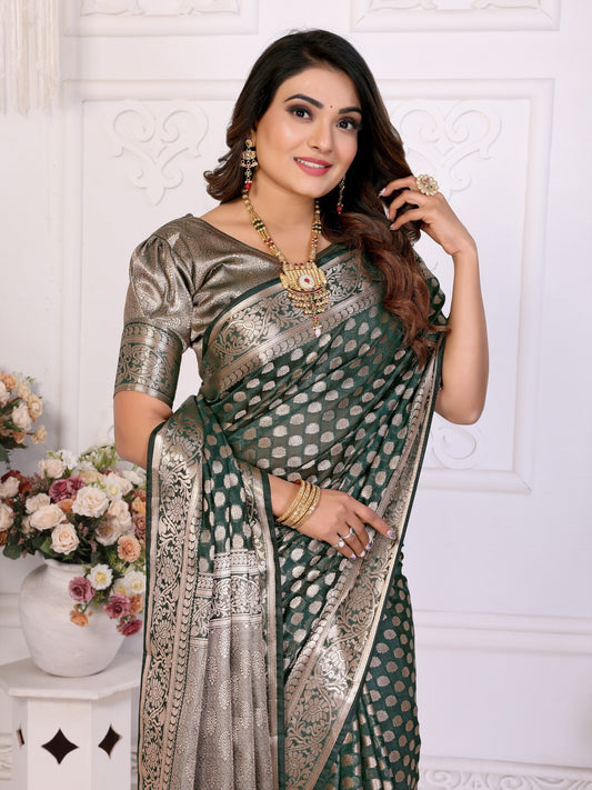 Dark Green Weaving Soft Organza Saree With Blouse