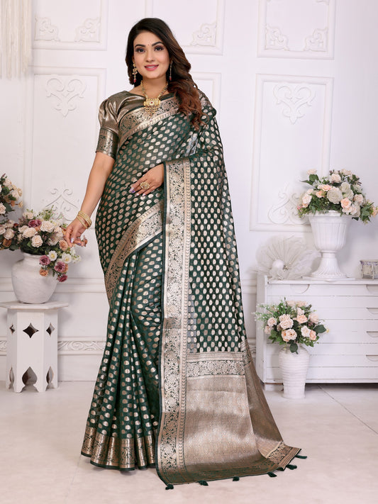 Dark Green Weaving Soft Organza Saree With Blouse